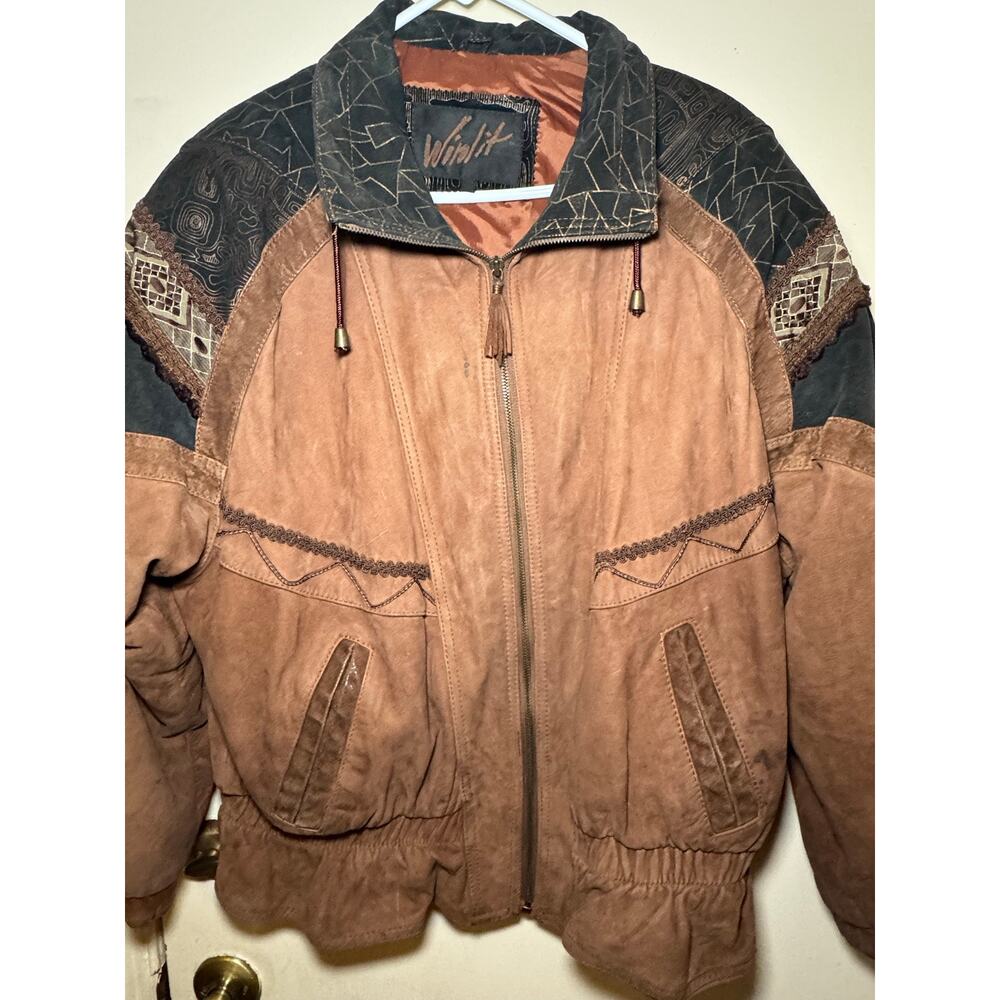 Vintage Winlit Leather Jacket Mens L Brown Western Tribal Bomber Distressed